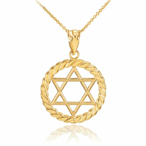 14k Solid Yellow Gold Jewish Star of David in Circle Rope Pendant Necklace