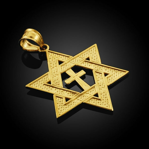 Solid 10k White Gold Jewish Star of David Cross Pendant Necklace Medium 1.25"