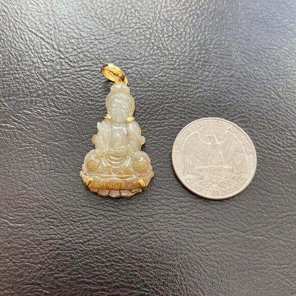 14K Real solid Gold Genuine Natural Jade Kwan Yin Lady Buddha Pendant Necklace