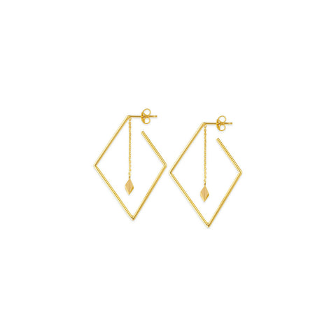 14K Solid Yellow Gold Diamond Shape Hoop Dangle Post Chain Earrings -