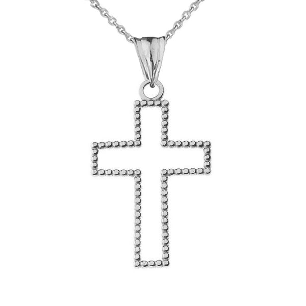 10k or 14k Solid Gold Two Sided Beaded Open Cross 1.2" Pendant Necklace