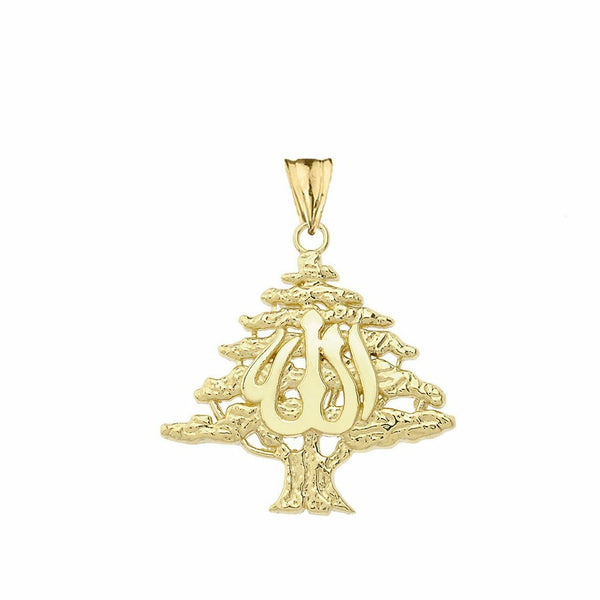 10k Yellow Gold Lebanese Cedar Tree With (ALLAH) Pendant Necklace