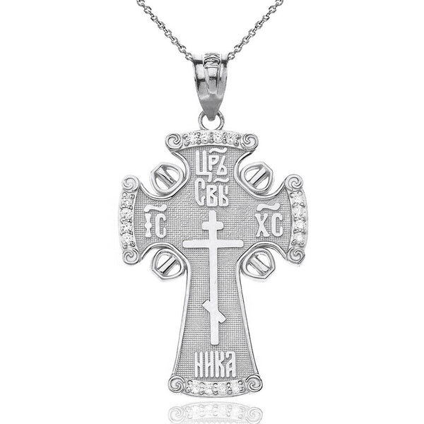 925 Sterling Silver CZ ICXC NIKA Eastern Orthodox Cross Pendant Necklace