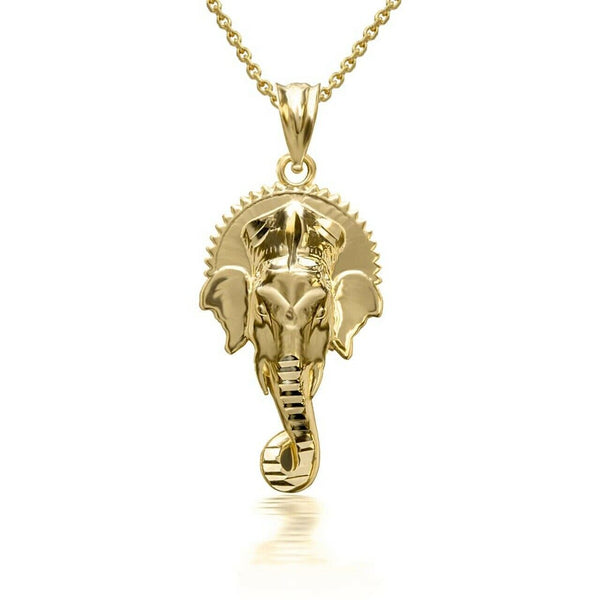 14K Solid Yellow Gold 3D Hindu Elephant God Ganesha Pendant Necklace