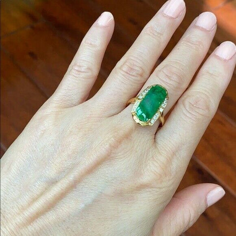 14K Solid Real Yellow Gold Rectangle Green Jade CZ Ring Size 7.25