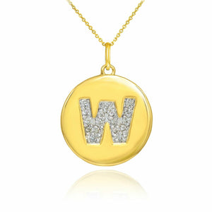 Solid 10k Yellow Gold Letter "W" Initial Diamond Disc Charm Pendant Necklace