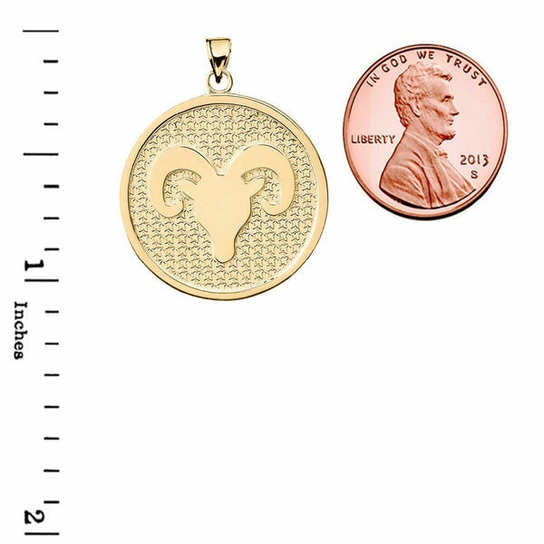 10K Solid Gold Aries Zodiac Sign Disc Round Pendant Necklace 16" 18" 20" 22"