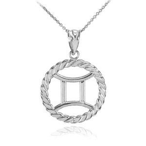 925 Sterling Silver Gemini Zodiac Sign in Circle Rope Pendant Necklace