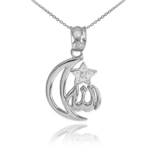 925 Sterling Silver CZ Crescent Moon Allah Pendant Necklace Star Made in US