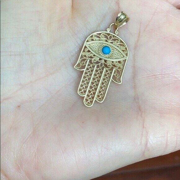 10k Yellow Gold Evil Eye Turquoise Stone Filigree Hamsa Hand Pendant Necklace