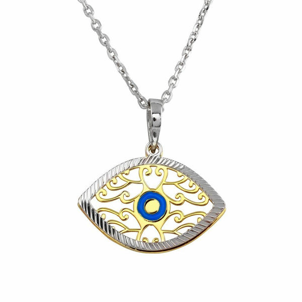 NEW .Sterling Silver 925 2 Toned Blue Enamel Center Double Eye Necklace