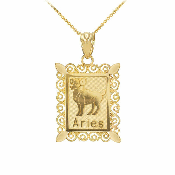 10k Solid Gold Aries Zodiac Sign Filigree Rectangular Pendant Necklace