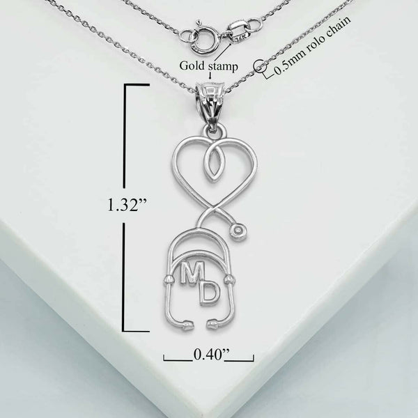 10K Solid Gold Medical Doctor MD Heart Stethoscope Pendant Necklace