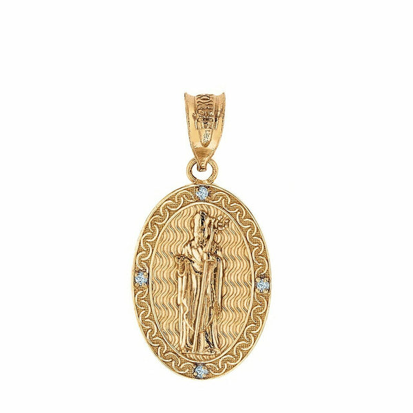 Solid 10k Yellow Gold Gold Saint Patrick Diamond Oval Medallion Pendant Necklace