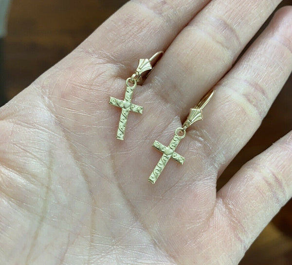 10k Yellow Gold Swirl Twirl Design Heart Cross Drop / Dangle Leverback Earrings