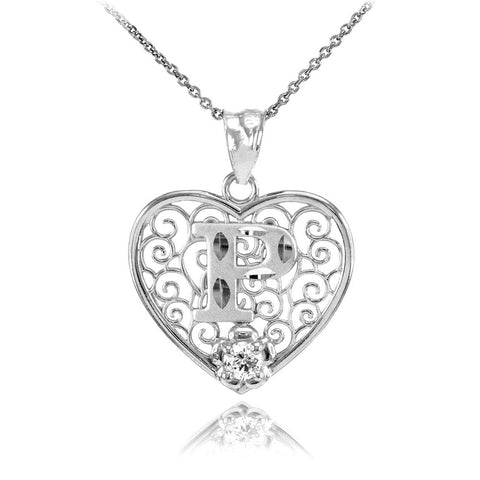 925 Sterling Silver Filigree Heart CZ Initial Letter P Pendant Necklace