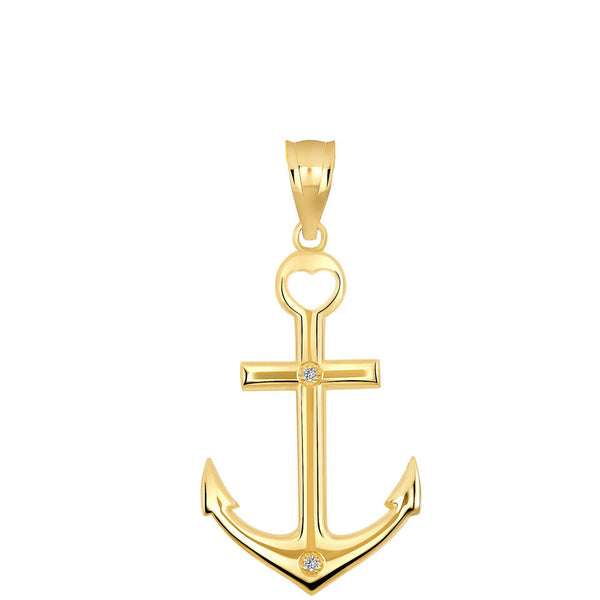 14K Solid Gold Anchor Diamond Cross Heart Pendant Necklace - Yellow, Rose, White