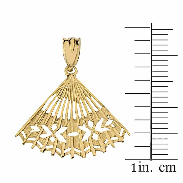 14k Yellow Gold Cut Out Japanese Handheld Folding Hand Fan Pendant Necklace