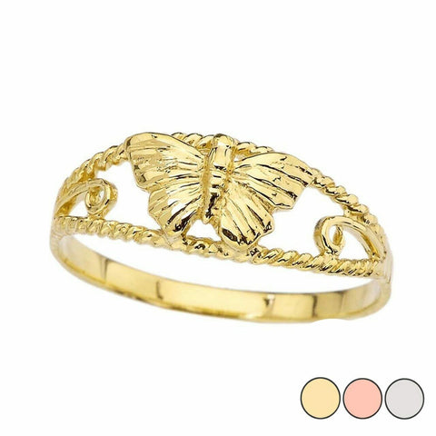 14k Solid Real Fine Yellow Gold Dainty Butterfly Ring