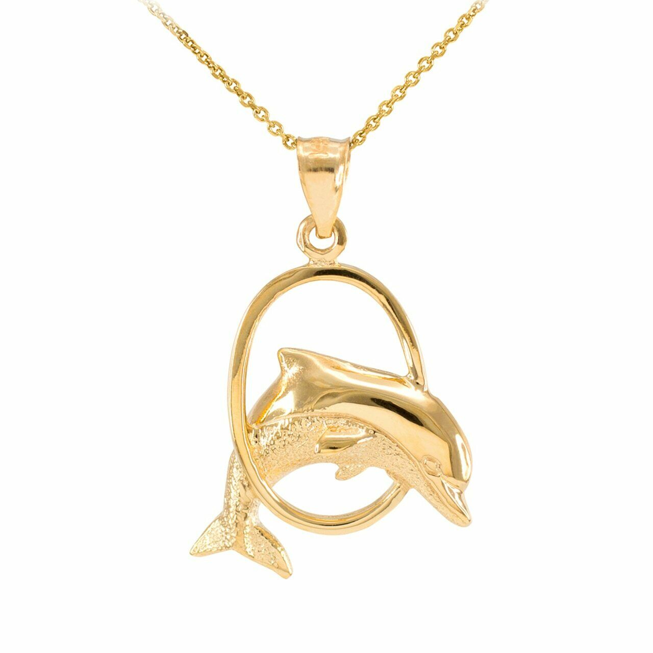 10k Real Solid Yellow Gold Hoop Jumping Dolphin Pendant Necklace