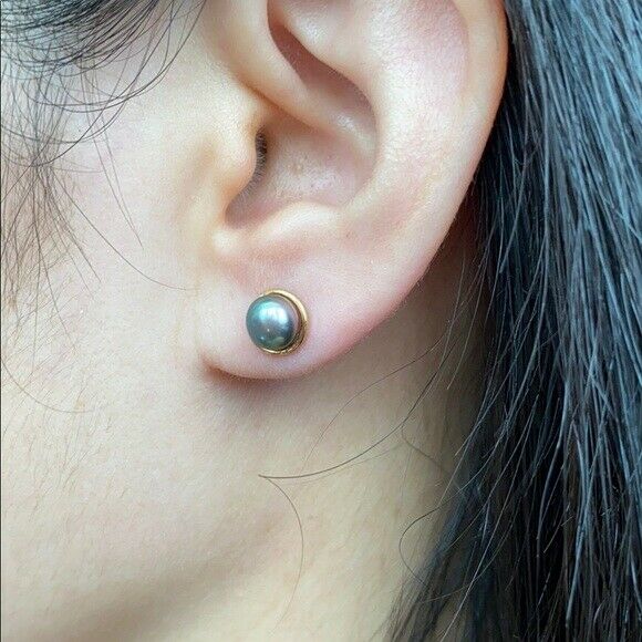 14K Solid Yellow Gold Dark Gray Pearl Stud Earrings - Minimalist
