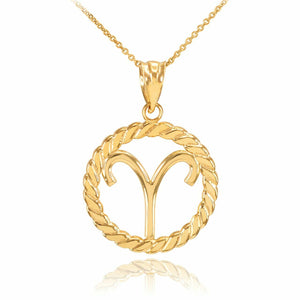 14K Solid Gold Aries Zodiac Sign Circle Rope Pendant Necklace 16" 18" 20" 22"
