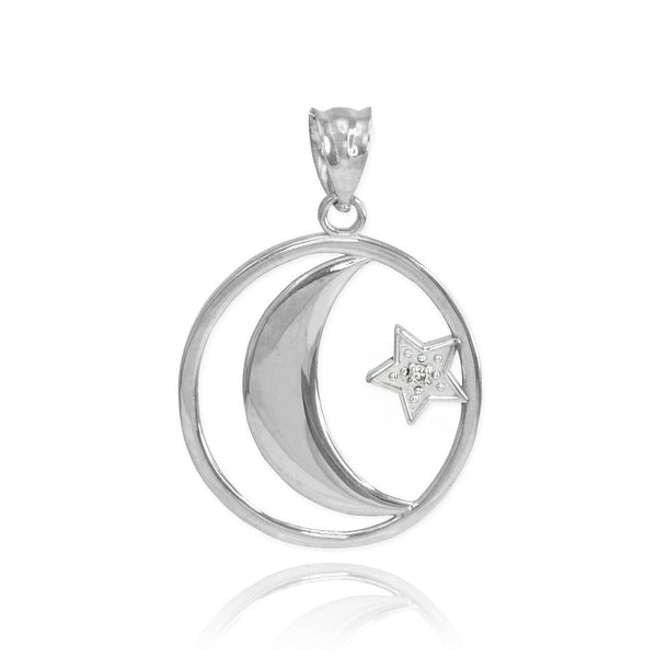 925 Sterling Silver Crescent Moon with CZ Star Islamic Pendant Necklace