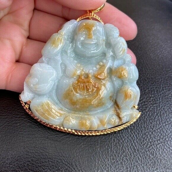 14K Gold Carved Natural Jadeite Jade Laughing Buddha Pendant Big Heavy Buddhist