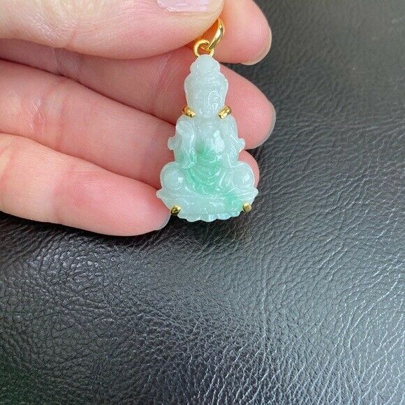 14K Real Gold Genuine Jade Kwan Yin Female Buddha Pendant Necklace Small