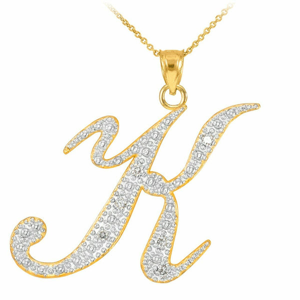 14k Solid Yellow Gold Diamonds Initial Script Letter K Pendant Necklace