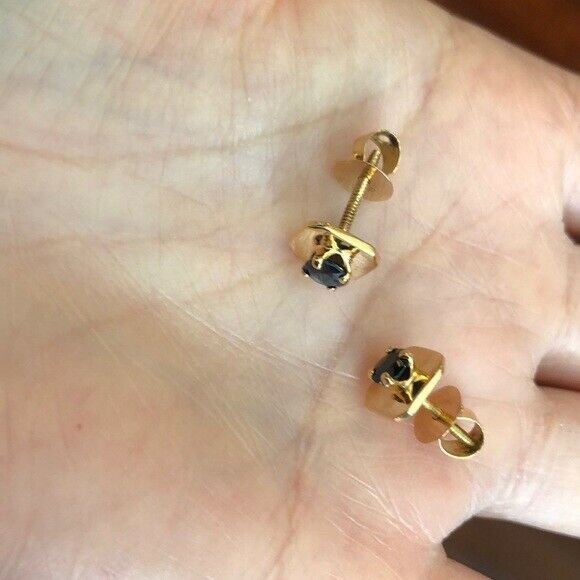 14K Solid Yellow Gold Mini Screw Back Natural Sapphire Earrings