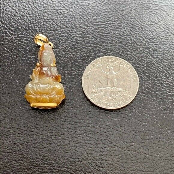 14K Solid Gold Buddha Quan/ Kwan Yin Natural Red Brown Jade Pendant Small Female