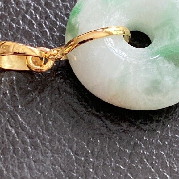 14K Solid Yellow Gold Small Round Donut Natural Jade Pendant Necklace