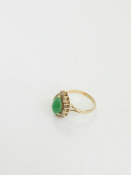 14K Solid Yellow Gold Teardrop Green Jade CZ Ring Size 4.75