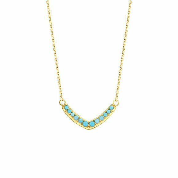 14K Solid Yellow Gold V Nano Turquoise Adjustable Necklace 16"-18"