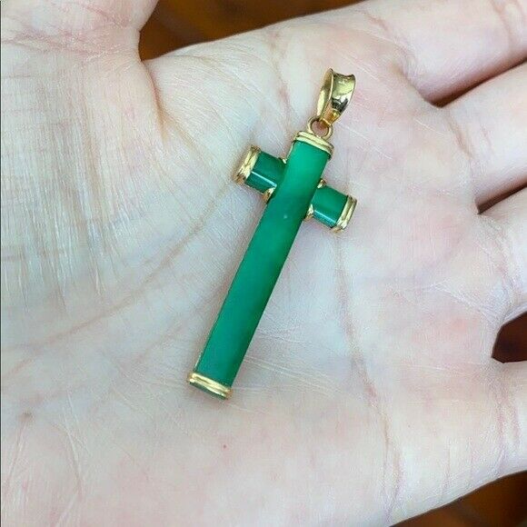 14K Solid Real Yellow Gold Cross Jade Charm Pendant - P35