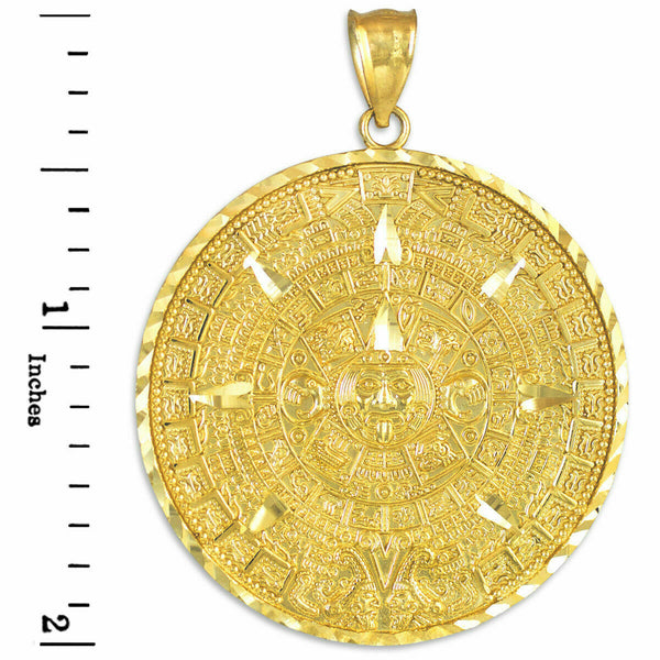 14K Yellow Gold Aztec Mayan Mexico Sun Calendar Pendant - Small, Medium, Large