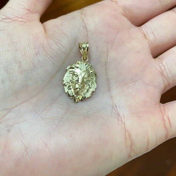 14k Solid Gold Lion's Face Head Animal Textured Detailed Small Pendant Necklace