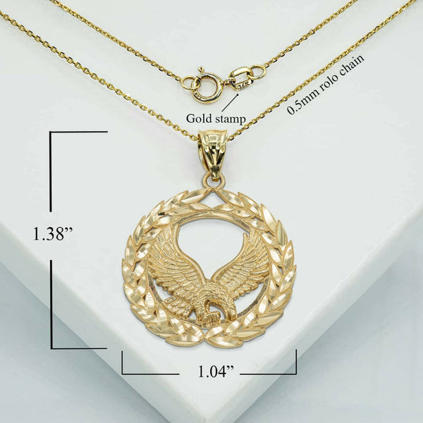 10K Solid Gold Flying Eagle Laurel Wreath Pendant Necklace - Yellow, Rose, White