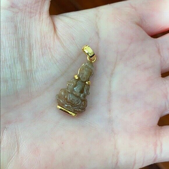 14K Solid Gold Genuine Kwan Yin Buddha Natural Red Jade Pendant -Small Kid Size
