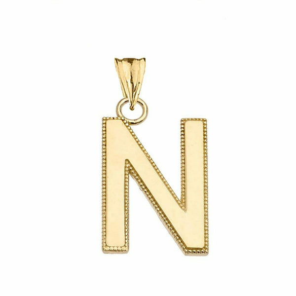 10k Solid Gold Small Initial Letter N Pendant Necklace Personalize Milgrain