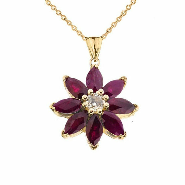 Solid 10k Yellow Gold Genuine Ruby and Diamond Daisy Pendant Necklace