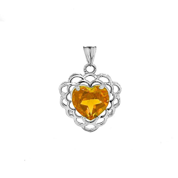 10k 14k Solid Gold Citrine Filigree Heart November Birthstone Pendant Necklace