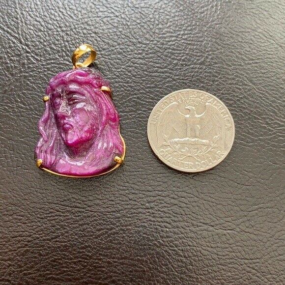 14K Real Solid Gold Natural Ruby Carved Jesus Christ Head Pendant Charm