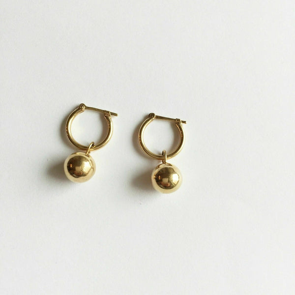 14K Solid Yellow Gold Round Ball Dangle Drop Earrings
