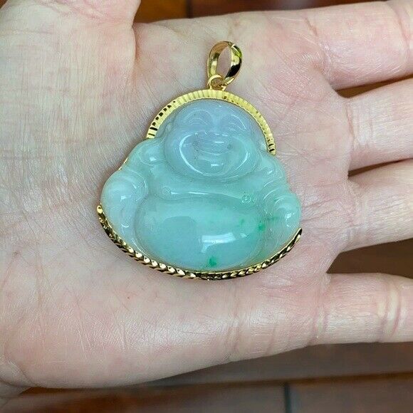 14K Real Gold Natural Jadeite Jade Happy Laughing Buddha Pendant Male Charm