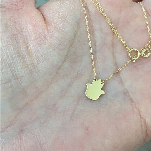 14K Solid Real Yellow Gold Mini Small God's Hand Center Necklace - Adjustable