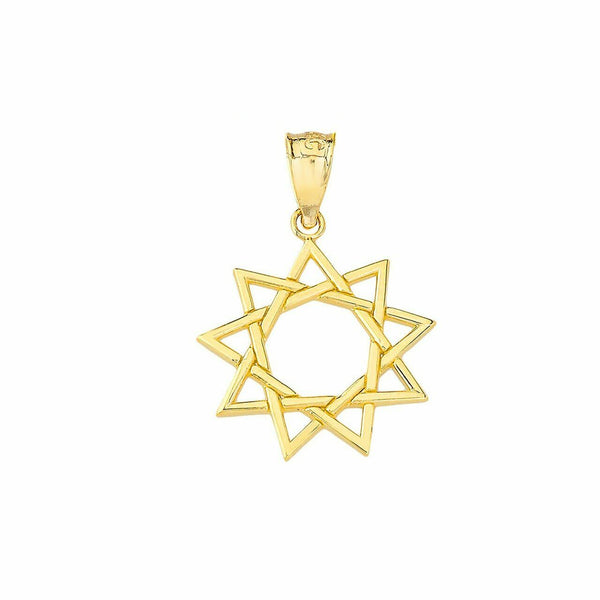 Solid 10k Yellow Gold 9 Star Baha'i Sun Openwork Pendant Necklace