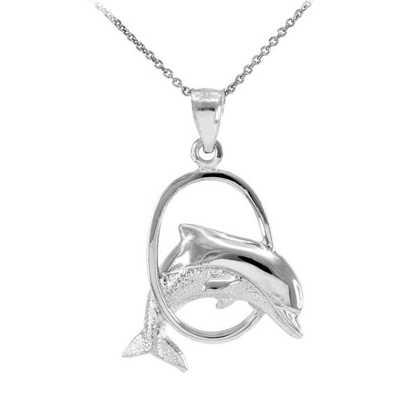 10k Solid White Gold Hoop Jumping Dolphin Pendant Necklace