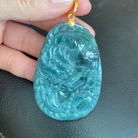 14K Solid Real Gold Carved Dragon Natural Jade Pendant Oval Large Men